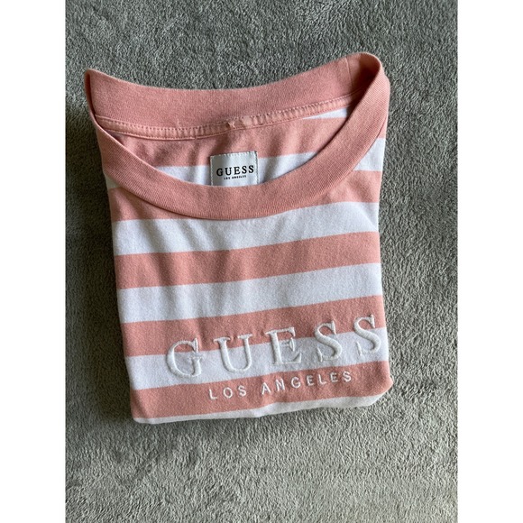 Guess TShirt Mens Medium Pink White Striped Embroidered Logo Short Sleeved Crew - Picture 2 of 13